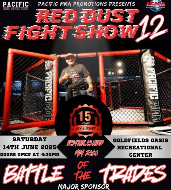 Poster for Red Dust Fight Show. 14 June 2025. With image of a man opening a cage