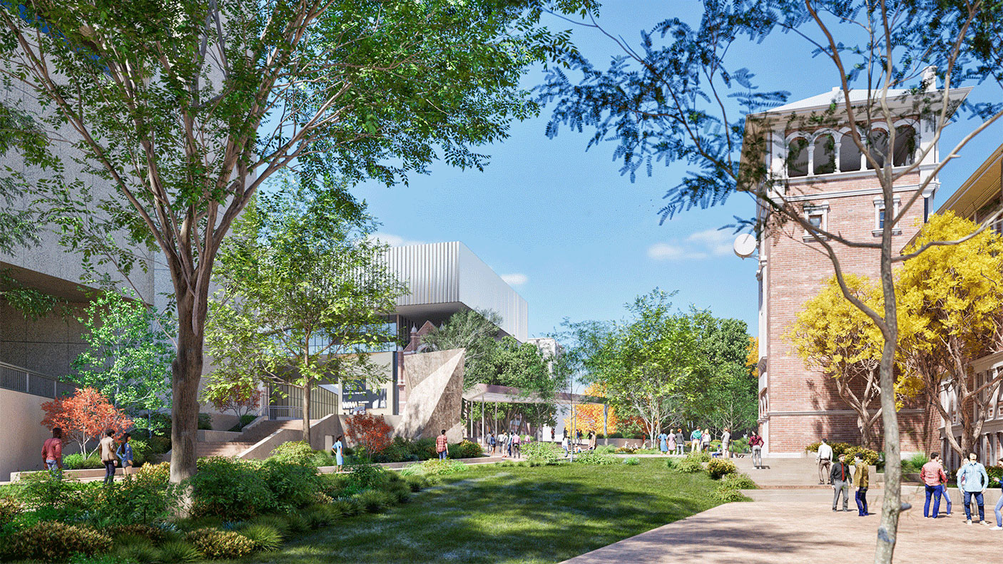 An architects impression of the gardens and buildings at renovated the Perth Cultural Centre