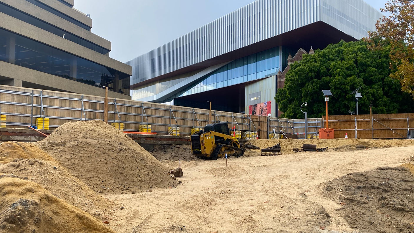 Construction works at the Perth Cultural Centre with the Museum and State Library in the background.