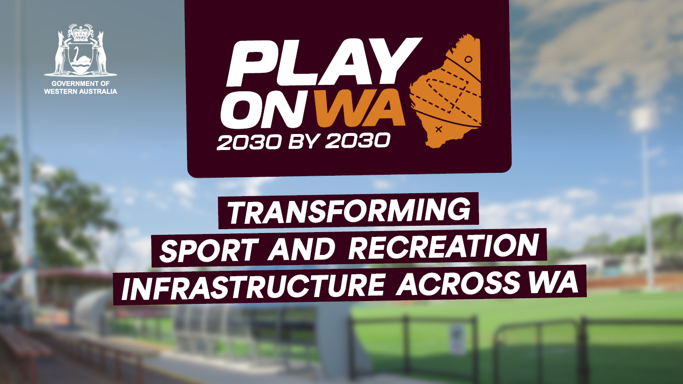 Graphic reads: Play on WA 2030 by 2030. Transforming Sport and recreation infrastructure.