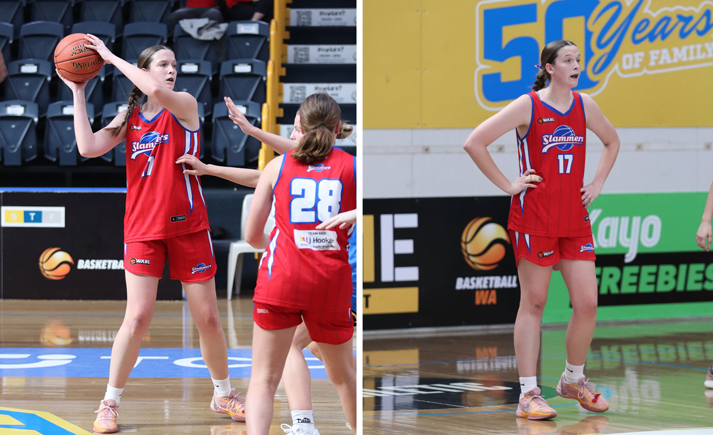 2 images of a young basketball player in action, on the court