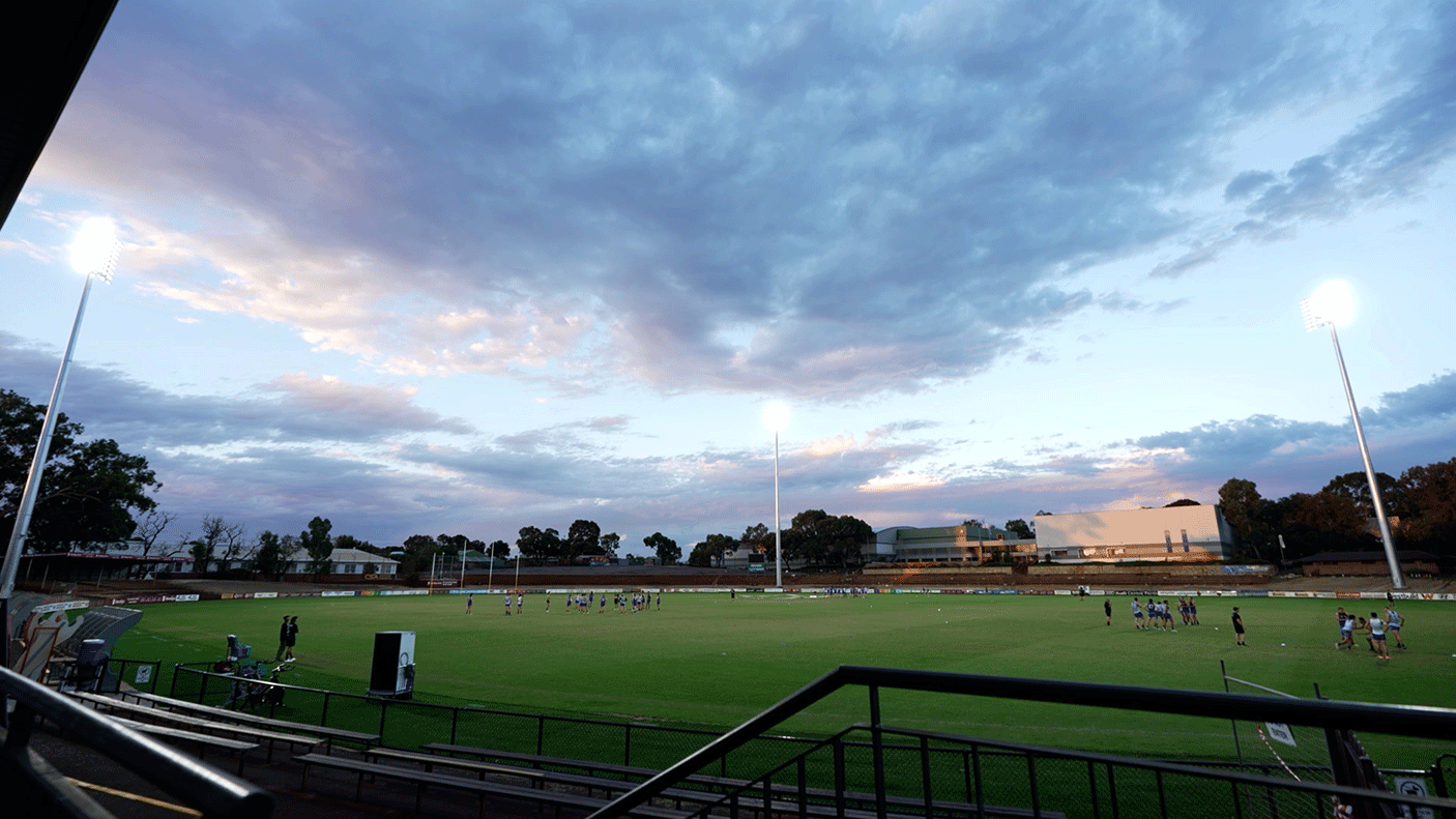 A night time photo of Leederville oval with new light towers in the background